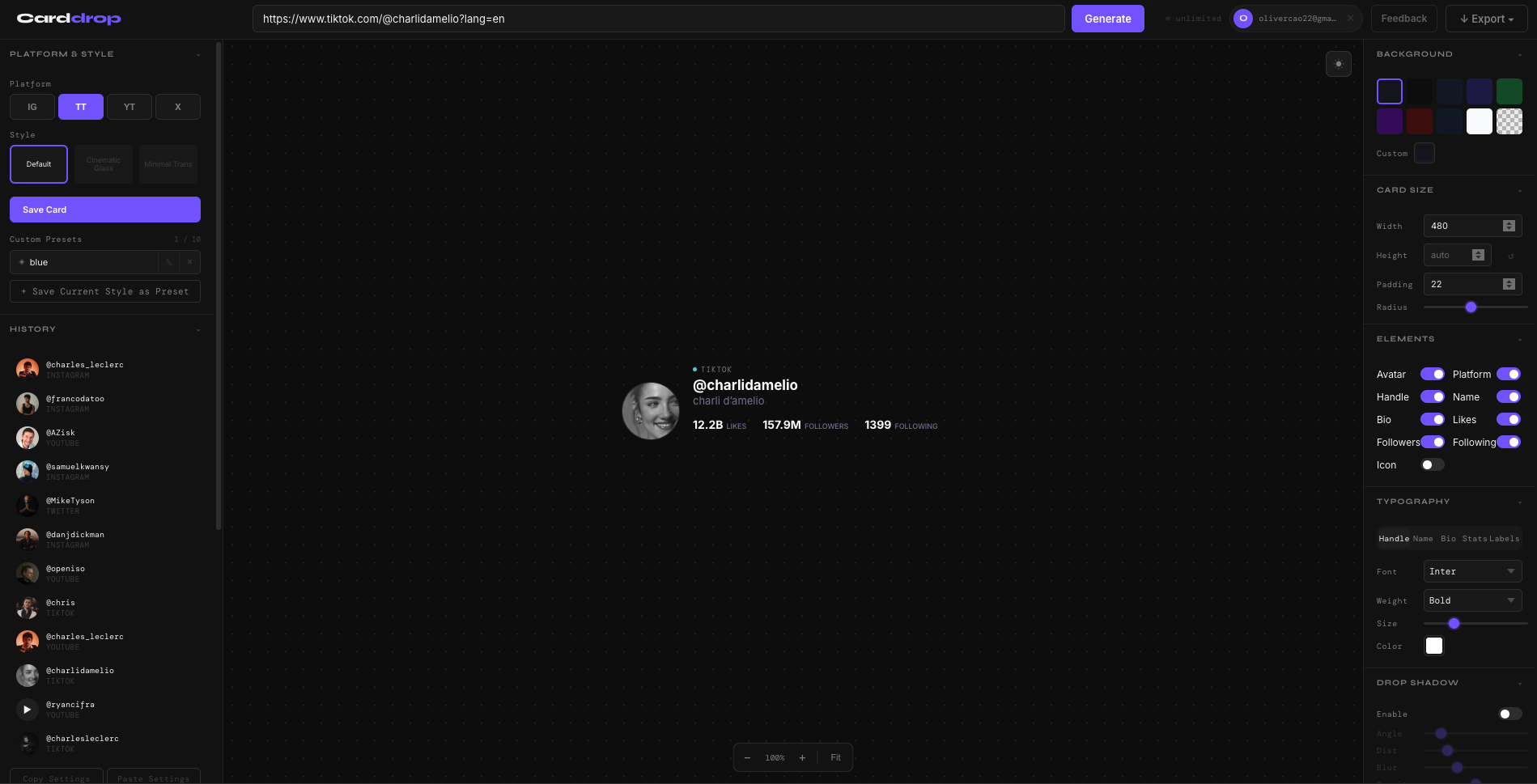 Carddrop profile card overlay example